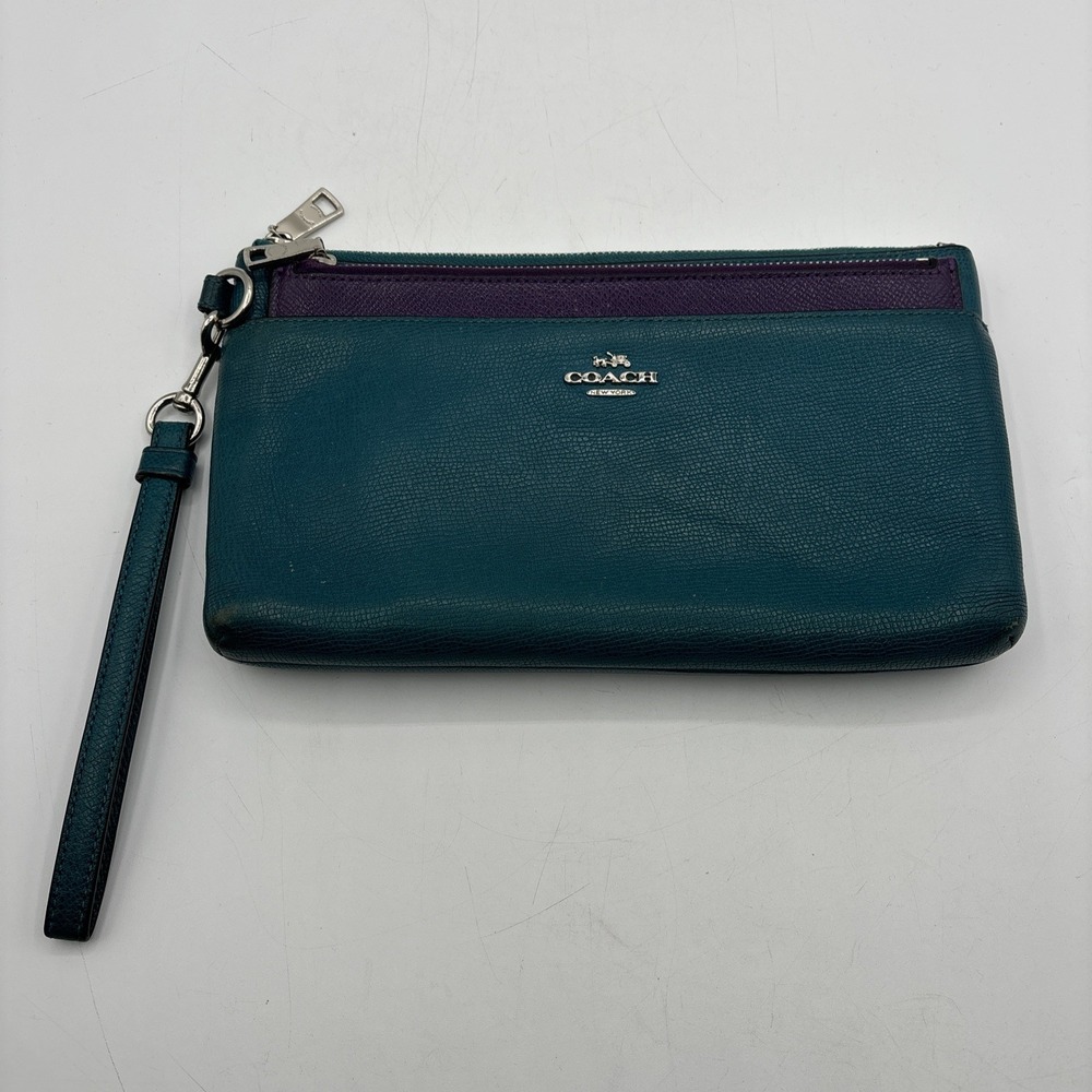 Coach Pop Up Pouch Embossed Textured Leather‎ Wristlet Wallet 52468 Teal Purple
